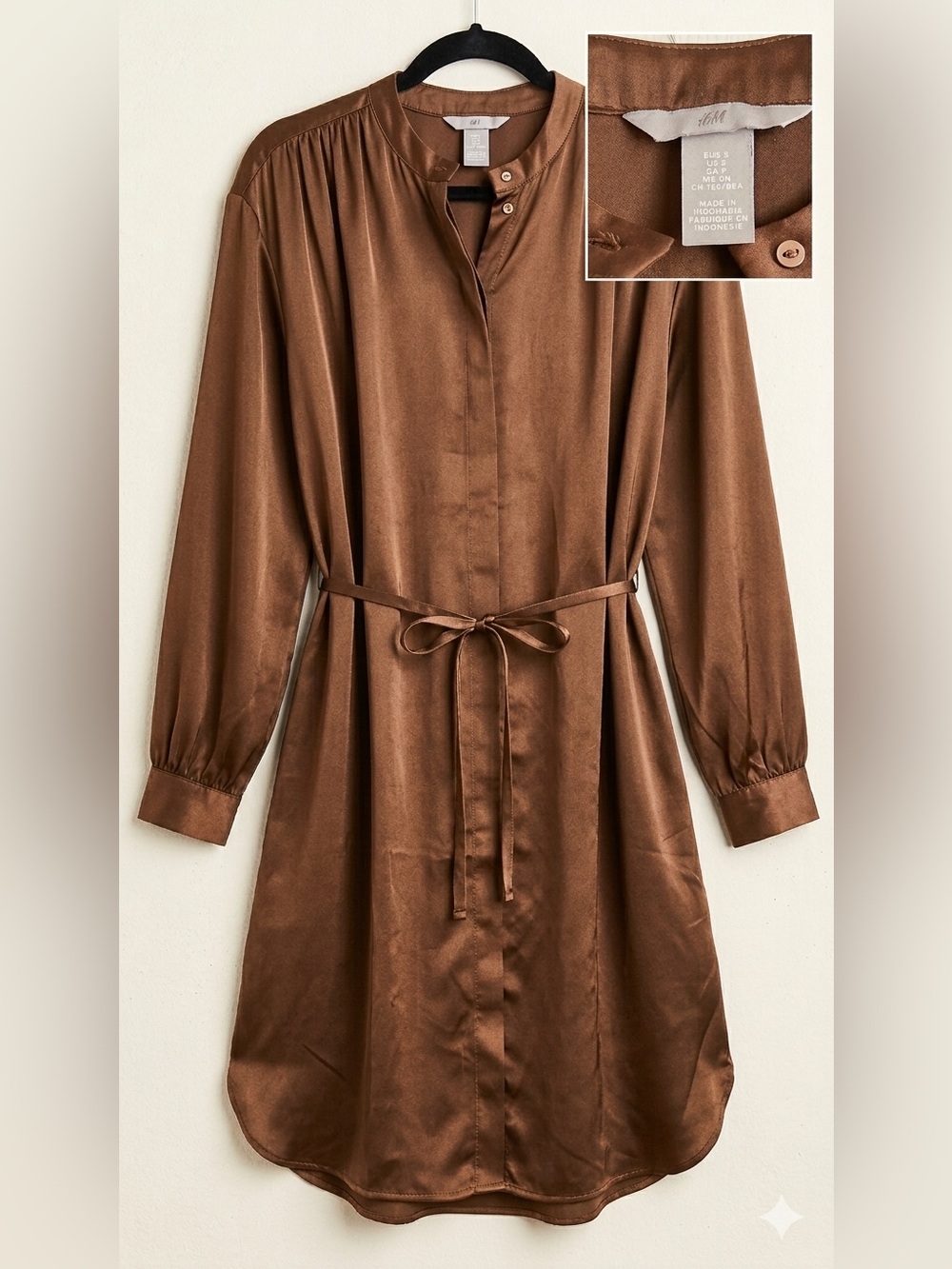 H&M Satin Shirt Dress in Rich Brown